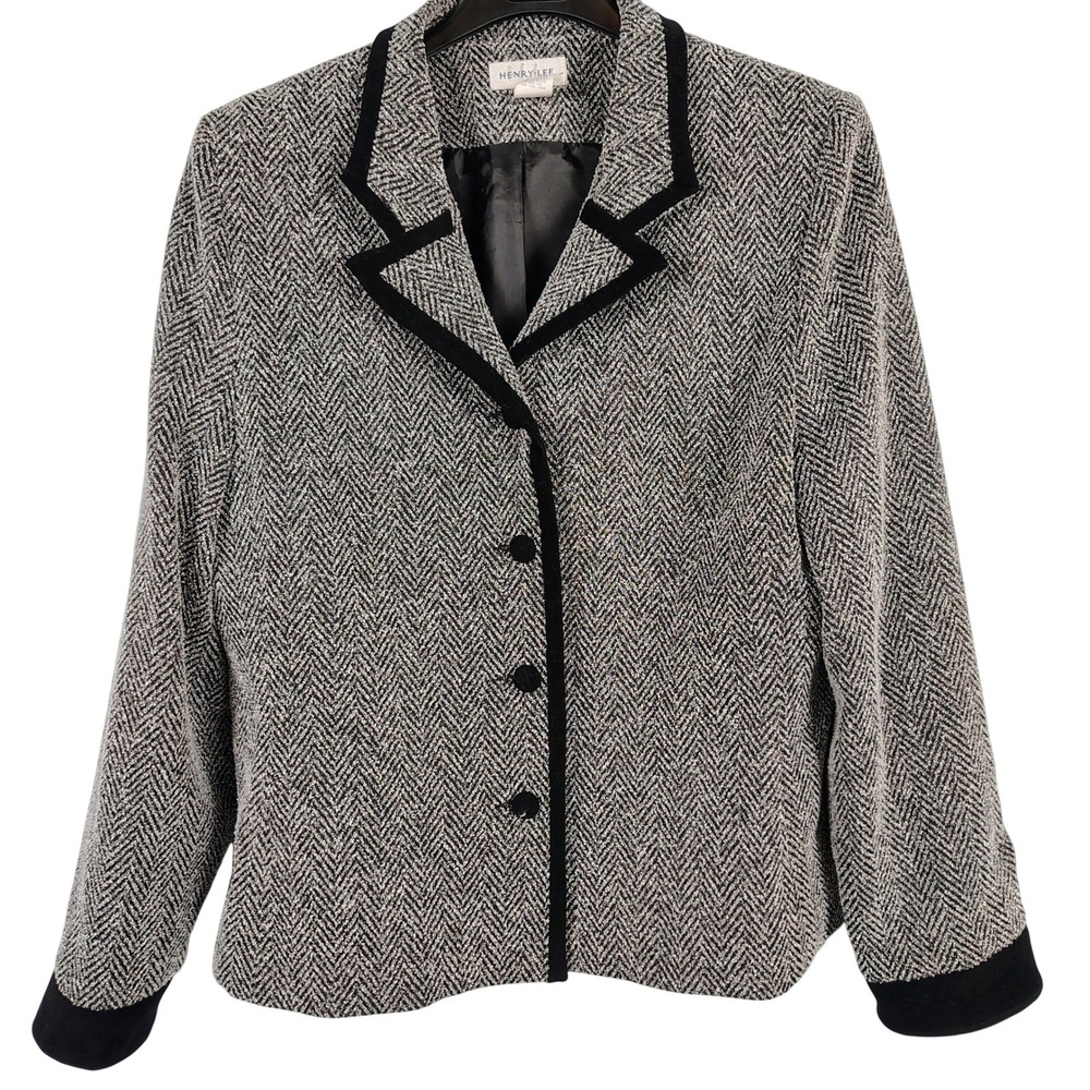 Henry Lee Womens SZ 16 Herringbone Blazer Black White Tweed Dark Academia Preppy